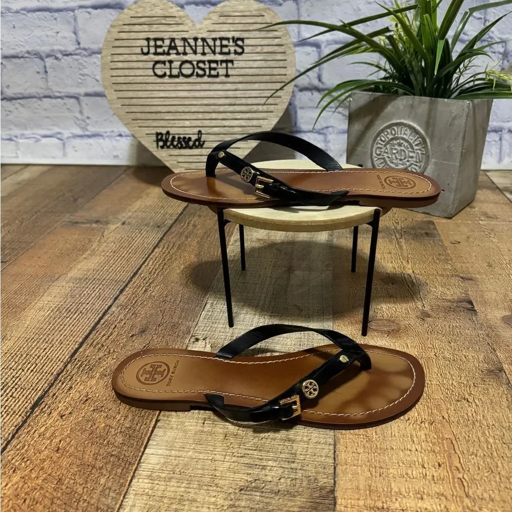 Tory Burch black patent leather mini logo sandals